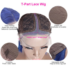 Brazilian Straight Short Bob Wigs Dark Blue T-Part Lace Front Human Hair Middle Part Pre Plucked Hairline with Baby Hair Regular price