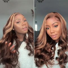 Honey Blonde Highlight P4/27 Color Body Wave 13x4 Front Lace Human Hair Wigs 150% Density