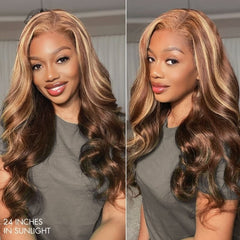 Honey Blonde Highlight P4/27 Color Body Wave 13x4 Front Lace Human Hair Wigs 150% Density