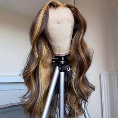 Honey Blonde Highlight P4/27 Color Body Wave 13x4 Front Lace Human Hair Wigs 150% Density